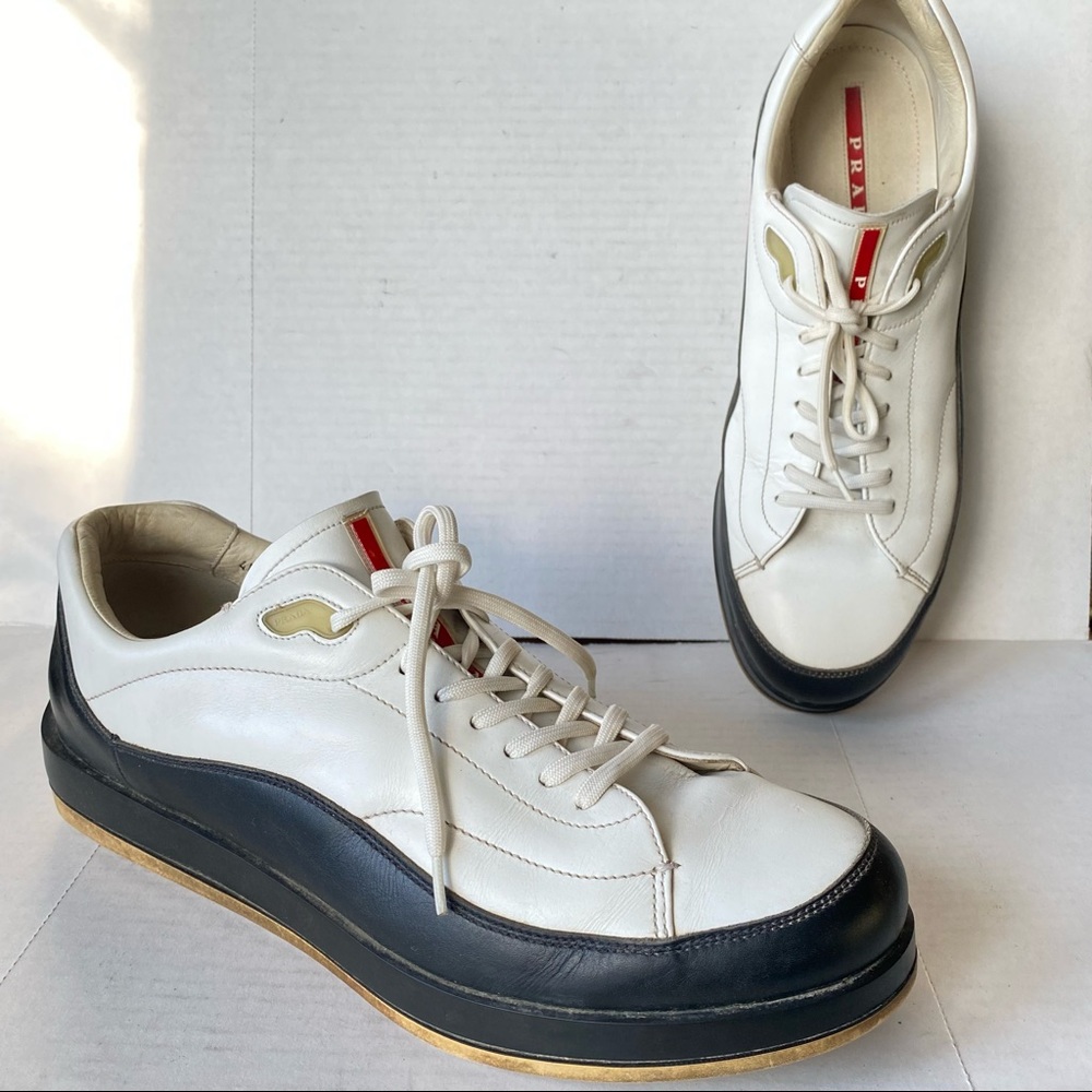 Prada White Black Leather Sneakers - Picture 2 of 13